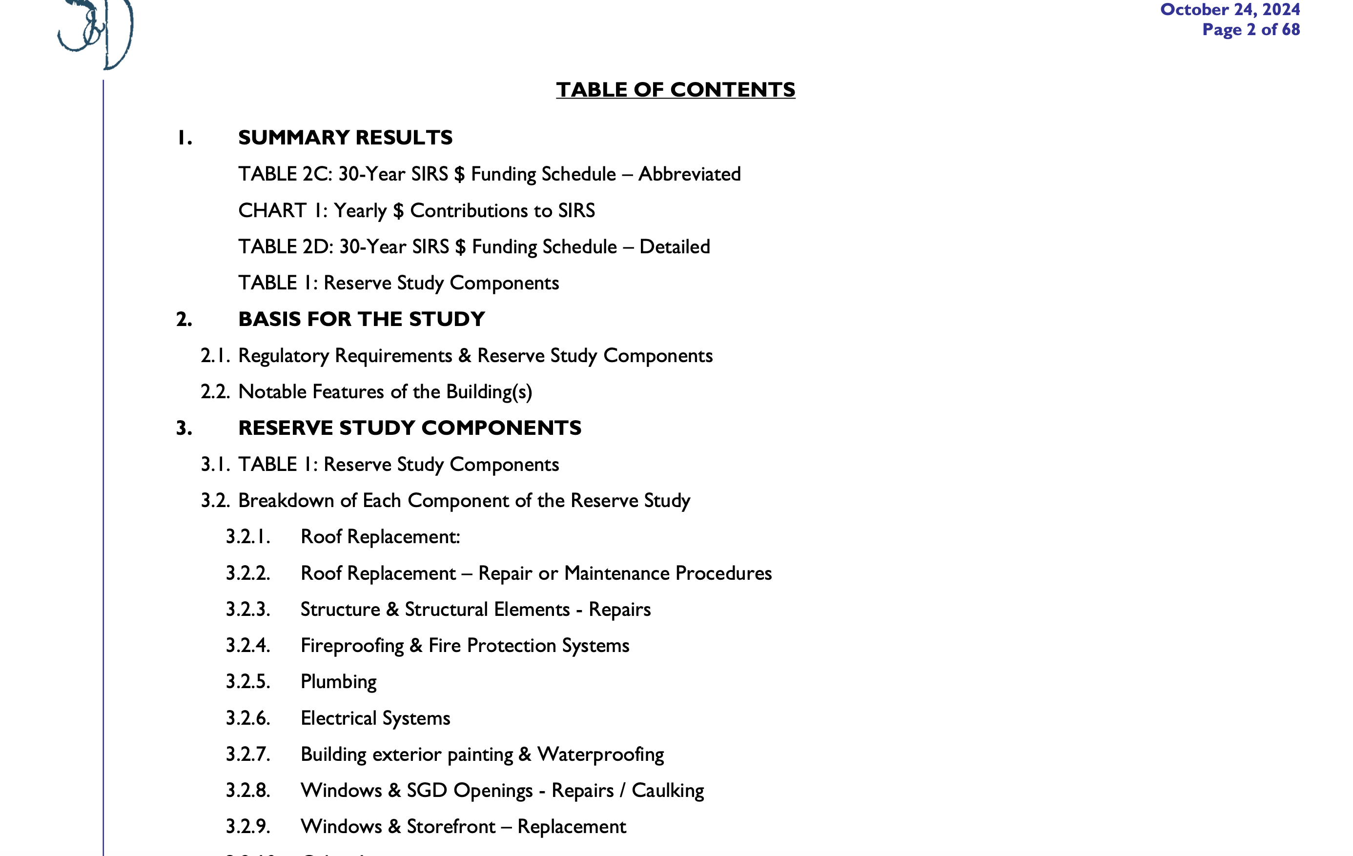 SIRS Report Table of Contents showing professional format with sections for Summary Results, Basis for Study, and Reserve Study Components including roof replacement, structural elements, fireproofing, plumbing, electrical systems, and more